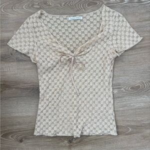 Vintage Banana Republic Tan Cream Sheer Lace Ruched Short Sleeve Top with Ribbon